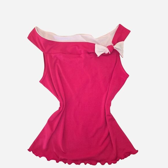 Y2K Hot Pink Off Shoulder Top I.N. San Francisco Lettuce Hem Bow L - Picture 2 of 4